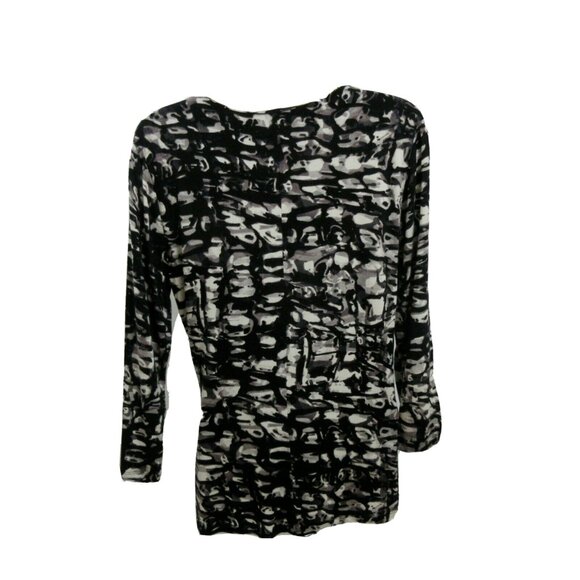 CALVIN KLEIN Faux Wrap Front Top Size M Black Print V-Neck 3/4 Sleeves Stretch - Picture 7 of 7